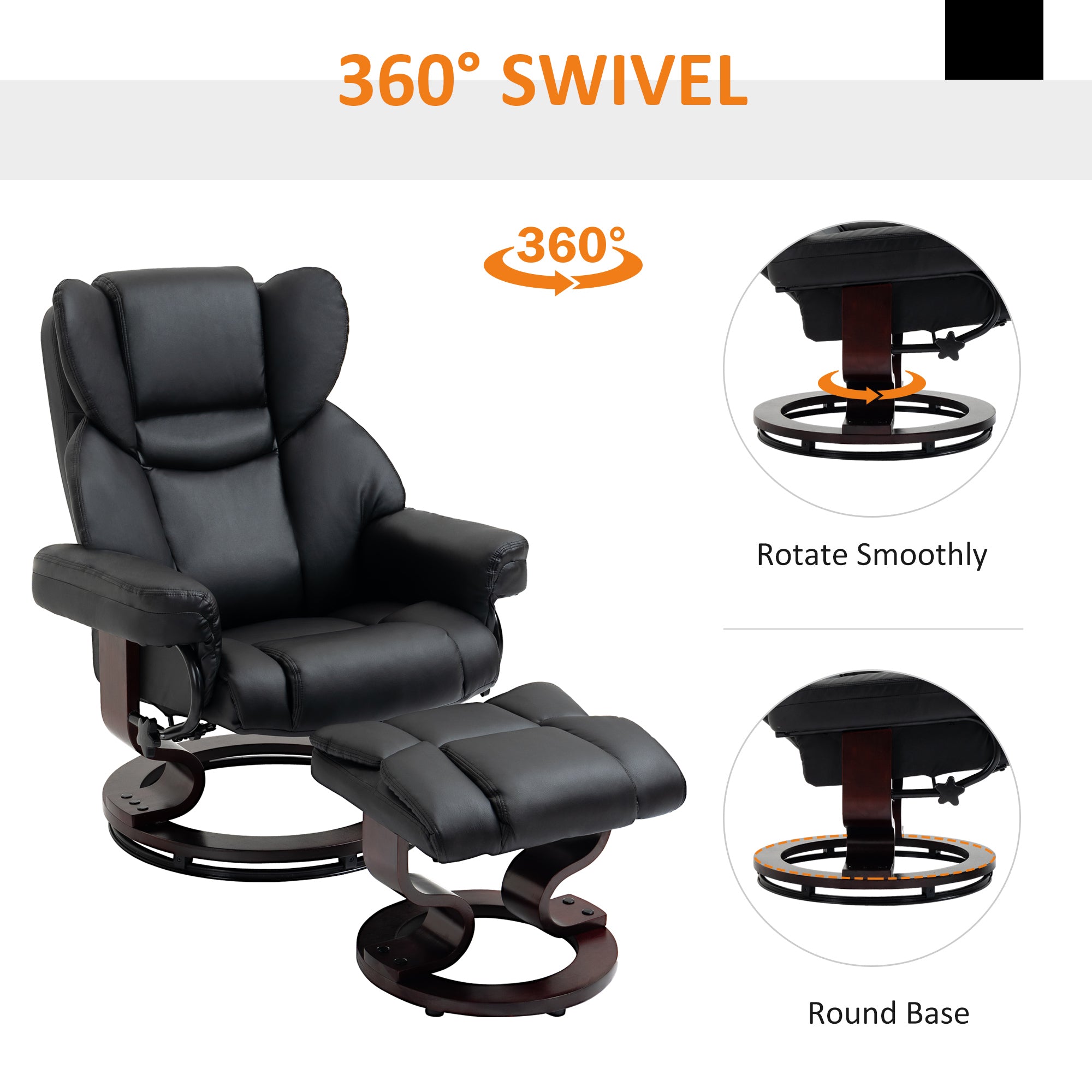 HOMCOM 360° Swivel Recliner Chair with Footstool, PU Leather Manual Recliner Armchair with Solid Wood Base, Upholstered Reclining Chair for Living Room, Bedroom, Office, Black